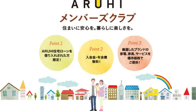 ARUHIメンバーズクラブ 住まいに安心を。暮らしに楽しさを Point1 ARUHI住宅ローンを借り入れされた方限定 Point2 入会金・年会費無料! Point3 厳選したブランドの家電、家具、サービスを優待価格でご提供!