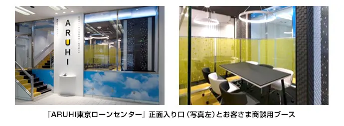 「ARUHI東京ローンセンター」正面入り口(写真左)とお客さま商談用ブース